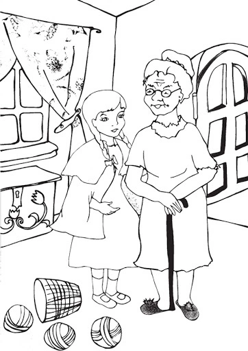 Coloring book little red riding hood and grandma with a cane